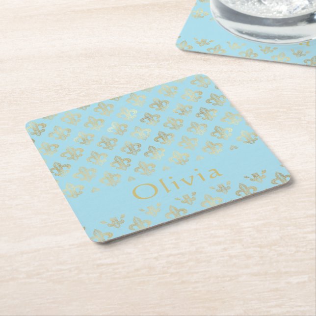 Pastel Blue Gold  Fleur De Lis Personalized Square Paper Coaster (Angled)
