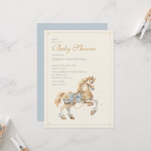 Pastel Blue Gold Horse Baby Shower Invitation