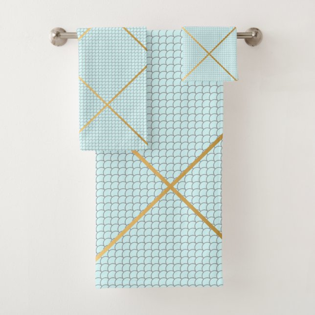 PASTEL BLUE GOLD MERMAID BATHROOM TOWEL SET (Insitu)