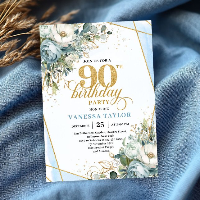 Pastel blue gold shimmer floral 90th birthday  invitation (Pastel blue gold shimmer floral 90th birthday party invite)