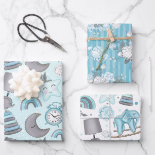 PASTEL BLUE & GRAY BABY ITEMS FLOWERS TOYS WRAPPING PAPER SHEET