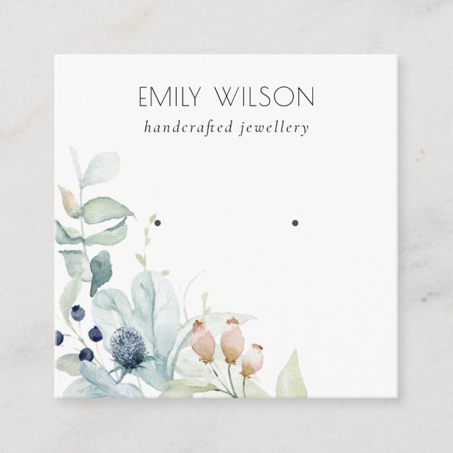 Pastel Blue Green Foliage Bunch Earring Display Square Business Card (Front)