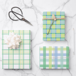 Pastel Blue Green Plaid Chequered Gingham  Wrapping Paper Sheet