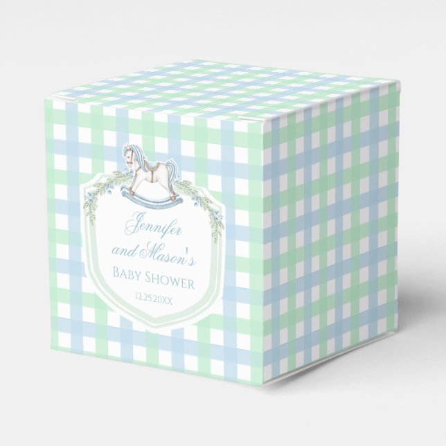 Pastel blue green rocking horse crest baby shower favor box (Front Side)