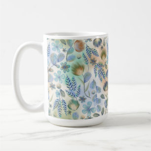 PASTEL BLUE GREEN & TAN WHIMSICAL GARDEN FLOWERS COFFEE MUG