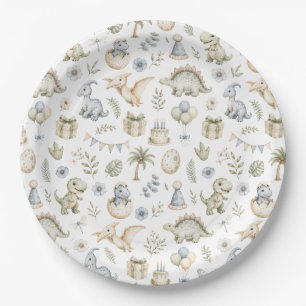 Pastel blue green Watercolor Dinosaur Birthday  Paper Plate