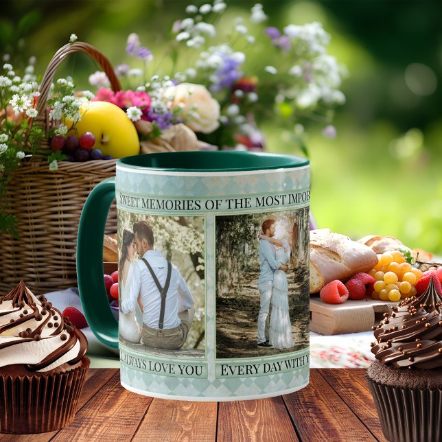 Pastel Blue Green Wedding Photo Keepsake Mug (Wedding photo mug featuring your own photos framed by an elegant pastel blue green patterned design)