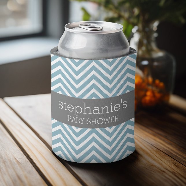 Pastel Blue & Grey Baby Shower Suite Can Cooler (Personalized Can Cooler - Add Custom Text or Name)