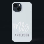 Pastel Blue-Grey New Mrs Last Name Bride iPhone 13 Case<br><div class="desc">After the wedding,  show off your new last name with this sleek and stylish case -- perfect for the honeymoon! Personalized bride design features "Mrs. [lastname]" in modern white and grey typography on a subtle pastel blue grey background. Use the field provided to personalize with your new last name.</div>