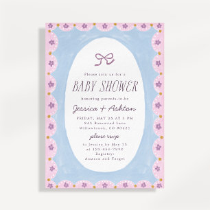 Pastel Blue Hand Drawn Floral Frame Baby Shower Invitation
