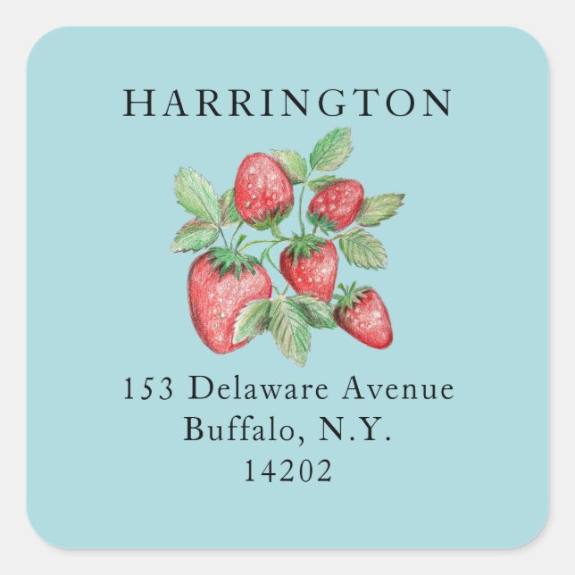 Pastel Blue Hand-Drawn Strawberry Return Address Square Sticker (Front)
