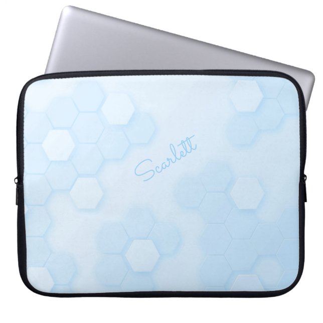 Pastel Blue Hexagonal Pattern with Custom Name Laptop Sleeve (Front)