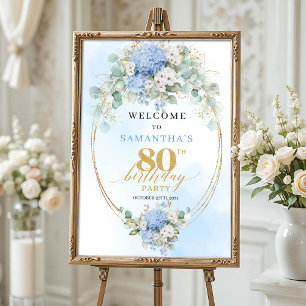 Pastel Blue Hydrangea Floral 80th birthday welcome Poster