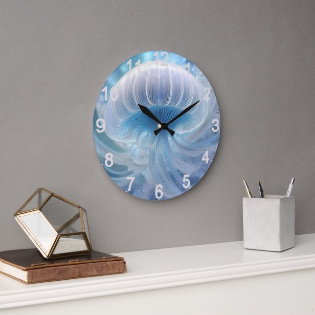 Pastel Blue Jellyfish Fractal Art, Large Clock (Office)