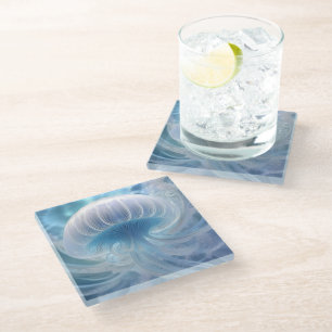 Pastel Blue Jellyfish Fractal Art Under The Sea, Glass Coaster