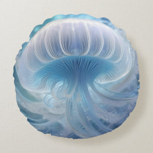 Pastel Blue Jellyfish Fractal Art Under The Sea, Round Pillow