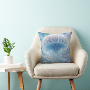 Pastel Blue Jellyfish Fractal Art Under The Sea, Throw Pillow