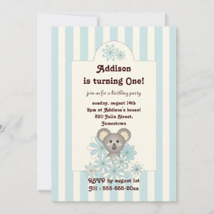 Pastel Blue Koala Bear Toddler Birthday Invitation