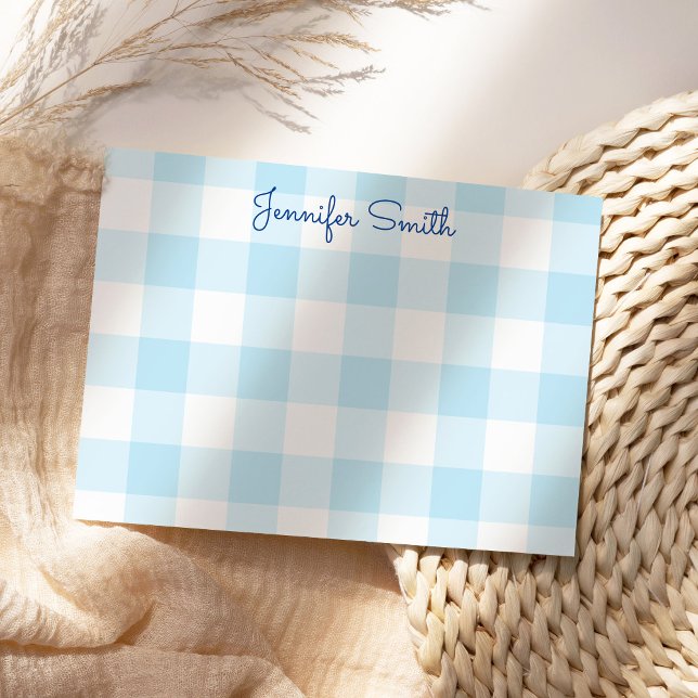 Pastel Blue Large Gingham Check Card (Cute personalize pastel blue gingham note card.)