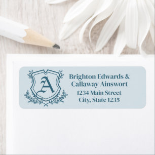 Pastel Blue Leaf and Floral Monogram Crest Address