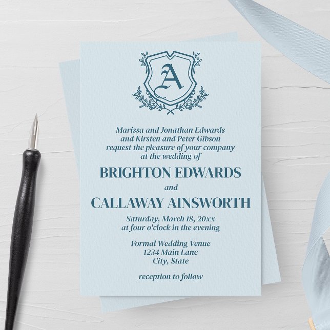 Pastel Blue Leaf and Floral Monogram Wedding Invitation (Creator Uploaded)
