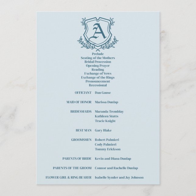 Pastel Blue Leaf and Floral Monogram Wedding Program (Front)