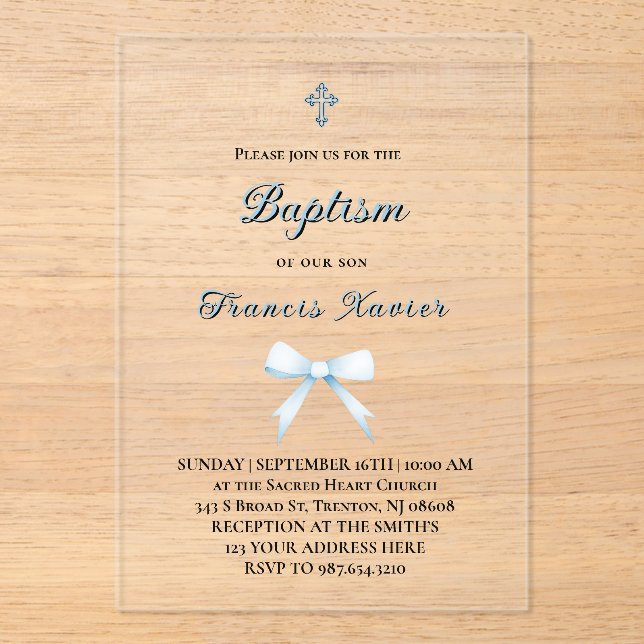 pastel blue little bow Baptism Acrylic Invitations (Front)