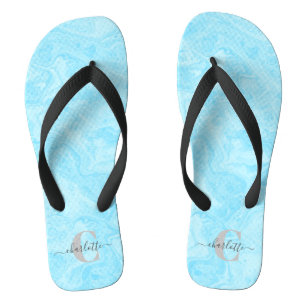 Pastel Blue Marble Custom Monogrammed Name   Flip Flops