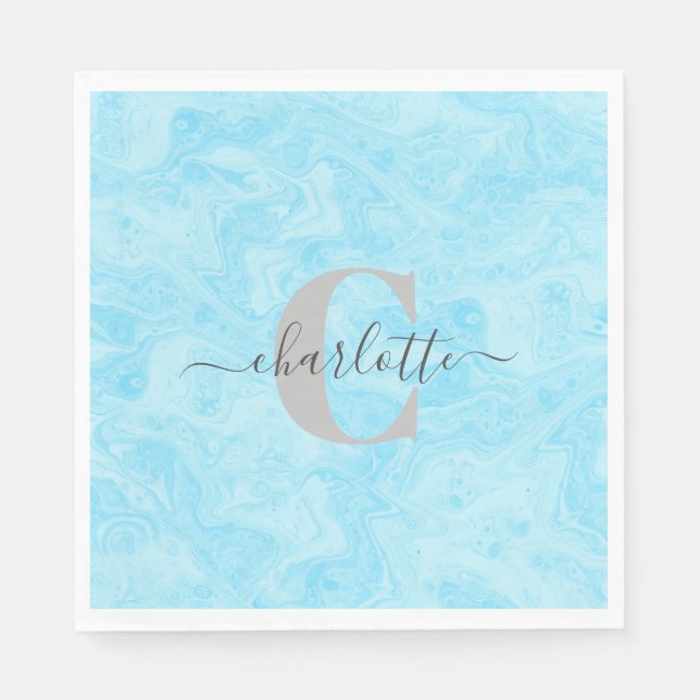 Pastel Blue Marble Custom Monogrammed Name  Napkin (Front)