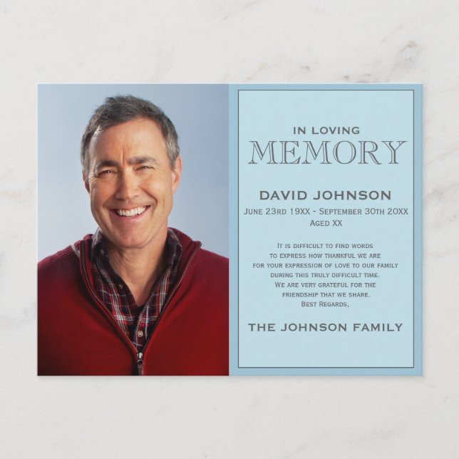 Pastel Blue Memorial Family Acknowledgement Postcard (Front)