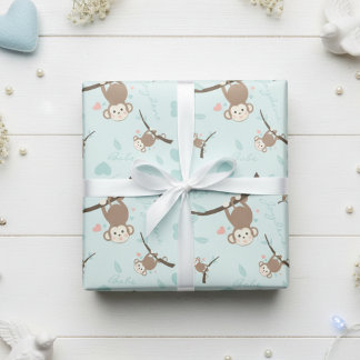 Pastel Blue Monkey Valentine Wrapping Paper 