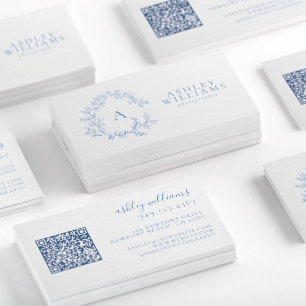 Pastel Blue Monogram Floral Crest QR Code Business Card