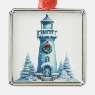 PASTEL BLUE NAUTICAL CHRISTMAS LIGHTHOUSE METAL ORNAMENT