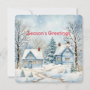 Pastel Blue Old Fashioned Cottages In the Winter Holiday Card