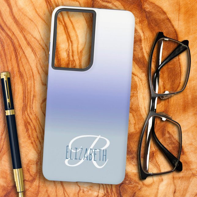 Pastel Blue Ombre Initial Letter Monogram Samsung Galaxy S21 Ultra Case (Personalize this blue ombre monogram phone case for you or as a sweet custom gift. )