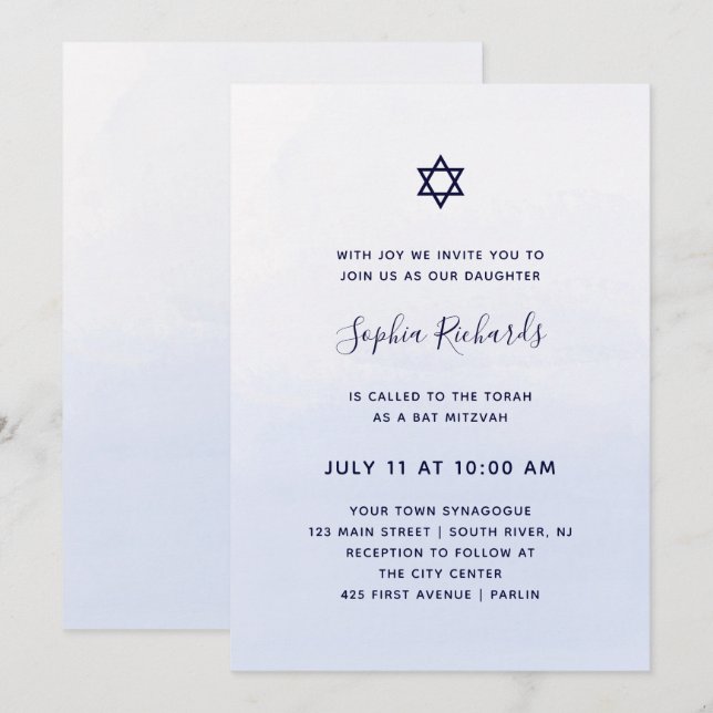 Pastel Blue Ombre Watercolor | Bat Mitzvah Invitation (Front/Back)