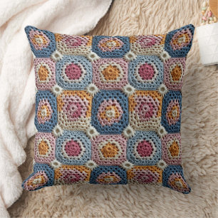 Pastel Blue Orange and Pink Crochet Look Throw Pillow