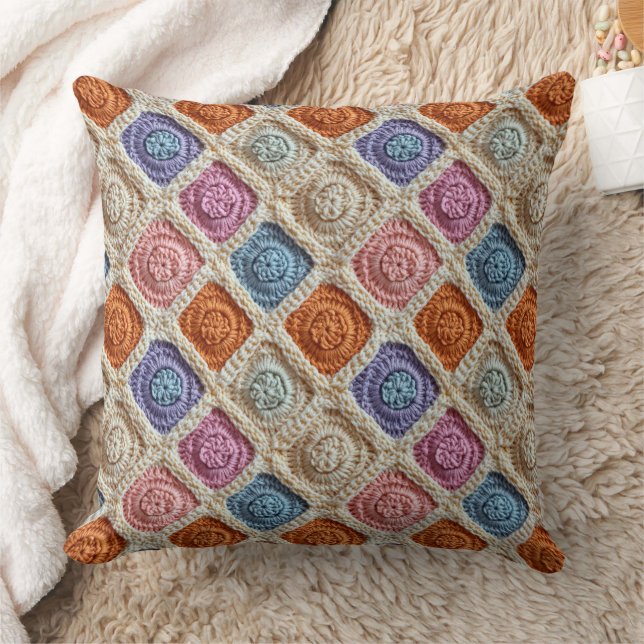 Pastel Blue Orange Purple and Pink Crochet Look Throw Pillow (Blanket)