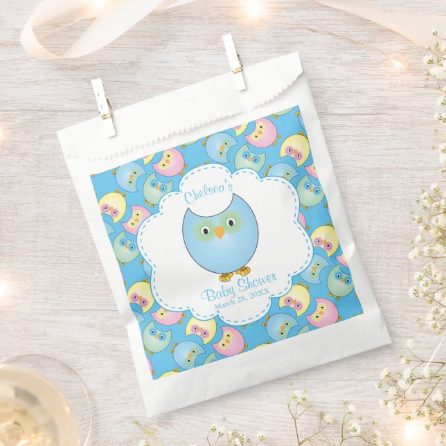 Pastel Blue Owl Baby Boy Shower Theme Favour Bag (Clipped)
