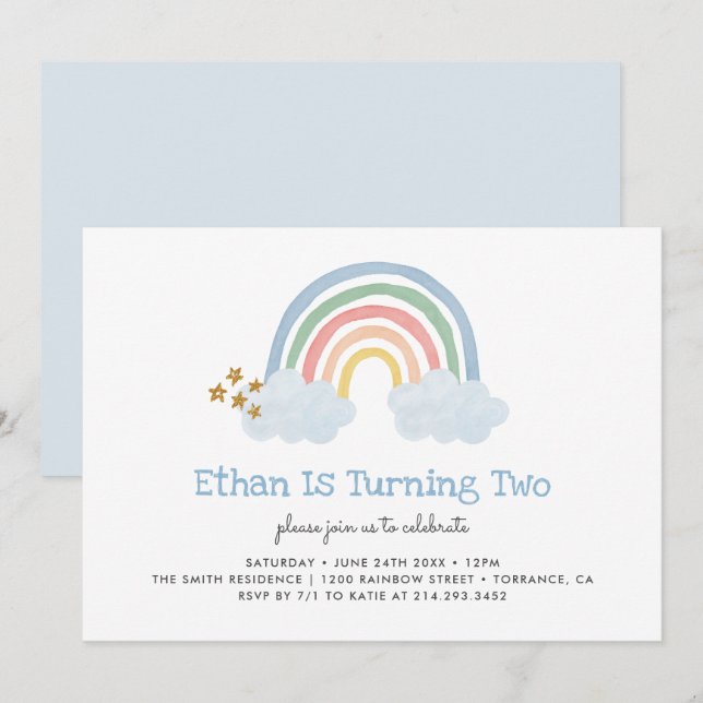 Pastel Blue Pastel Rainbow 2nd Birthday Invitation (Front/Back)
