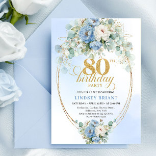 Pastel Blue Peonies Greenery Boho 80th Invite