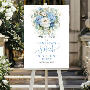 Pastel Blue Peonies Sweet Sixteen Welcome Sign