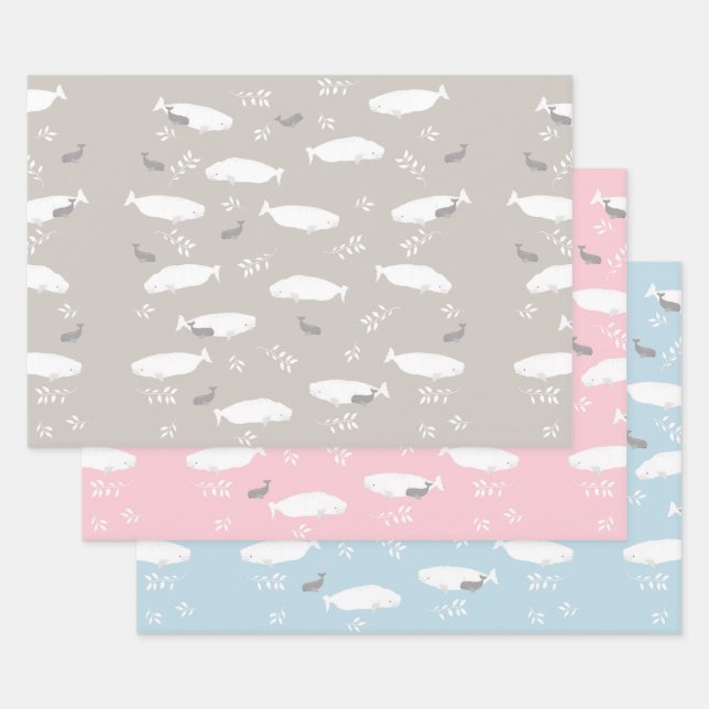 Pastel Blue Pink And Grey Beluga Baby Whale Design Wrapping Paper Sheet (Set)