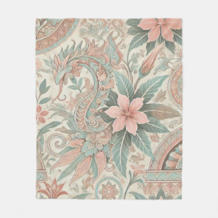 Pastel Blue Pink Boho Floral Batik Watercolor Fleece Blanket