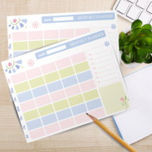 Pastel Blue Pink Cute Monthly Planner Notepad 11x8