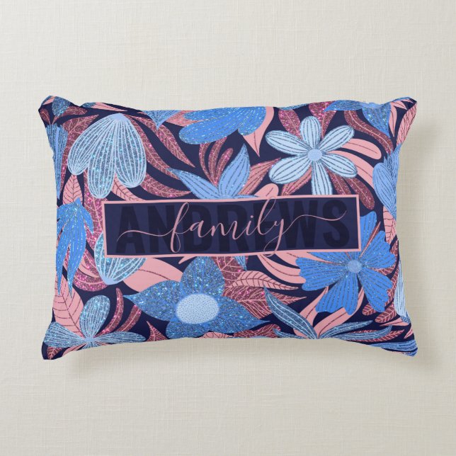 Pastel Blue Pink Floral Glitter Pattern Family Accent Pillow (Front)