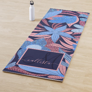 Pastel Blue Pink Floral Leaves Glitter Monogram Yoga Mat