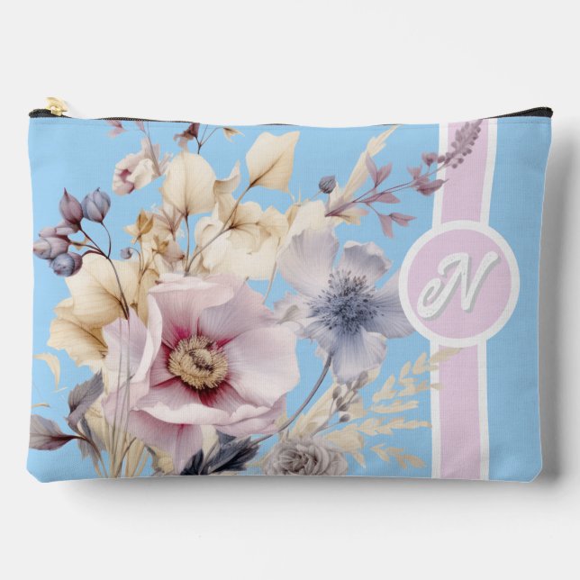 Pastel Blue & Pink Floral Monogram Accessory Pouch (Front)