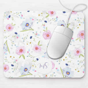 Pastel Blue & Pink Flowers Personalized Mouse Pad