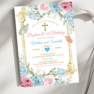 Pastel Blue Pink Gold Baptism & 1st Birthday Invitation